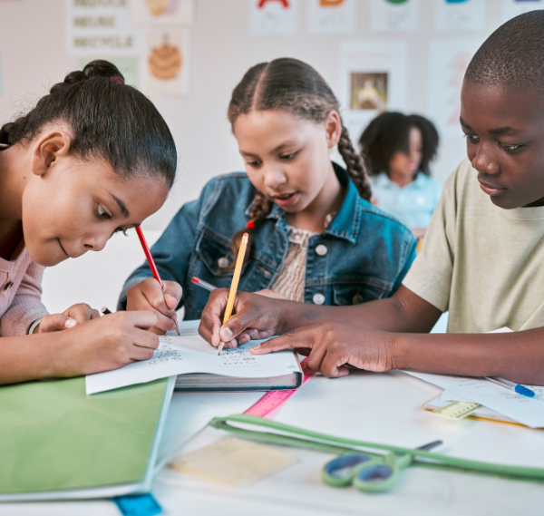 Kids in a Montessori classroom working together.