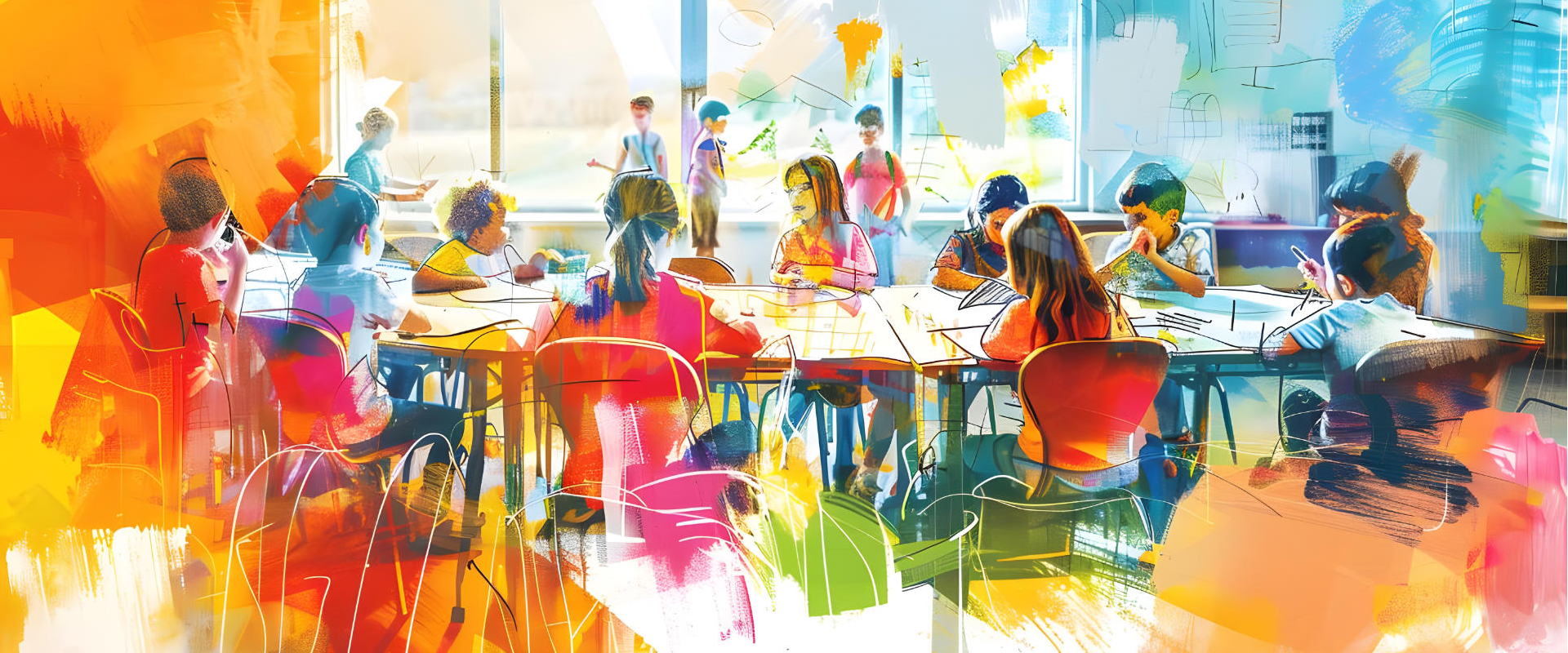 Students Collaborate on Creative Projects in Vibrant Classroom Setting in this Drawing.